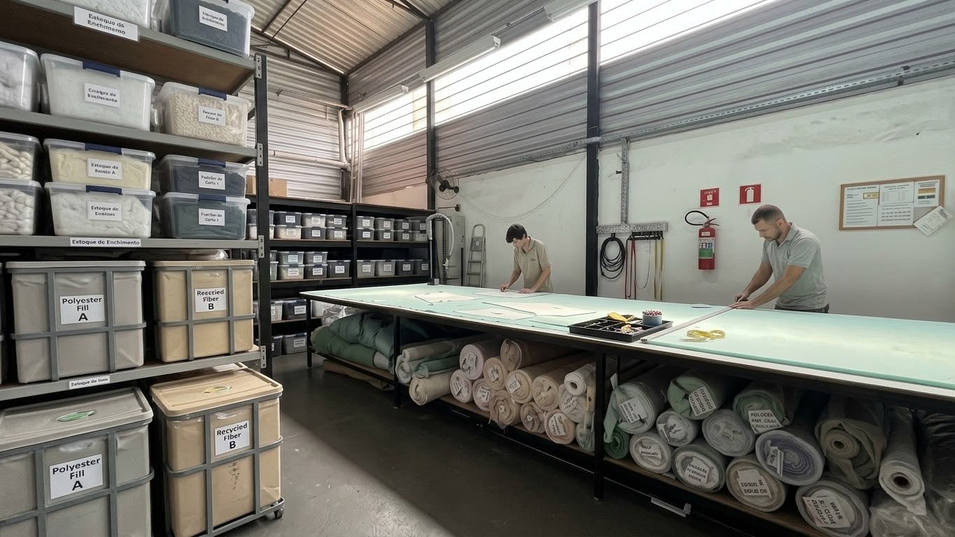 Mesa de corte da Layette Code com profissionais preparando os moldes