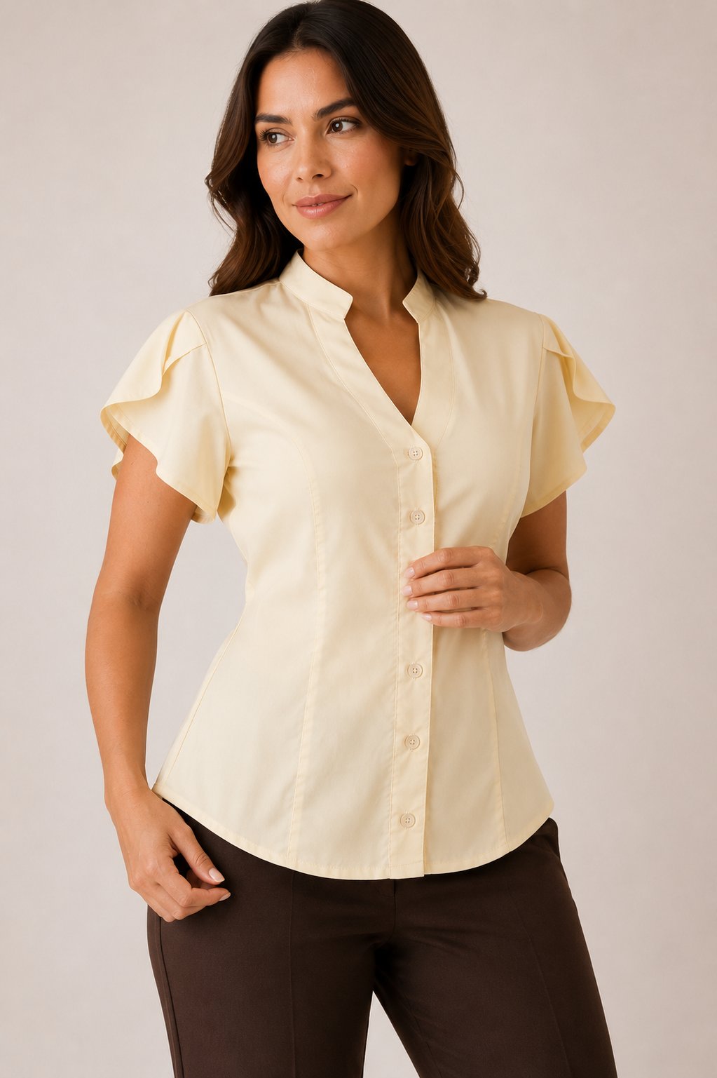 Camisa Social Feminina com Gola Padre e Manga Tulipa — imagem 2