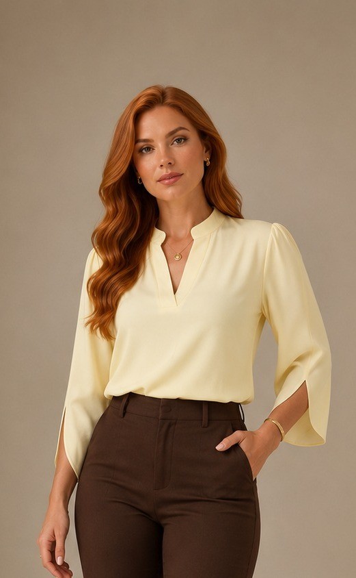 Blusa Decote V com Gola Alta e Manga Tulipa · REF 0155